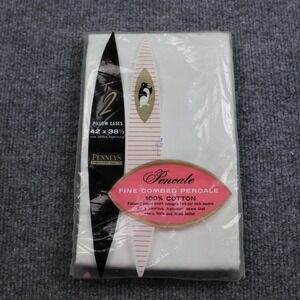 Vintage Penney's Pencale Percale 2 Pillow Cases 42x38.5 100% Cotton White Set